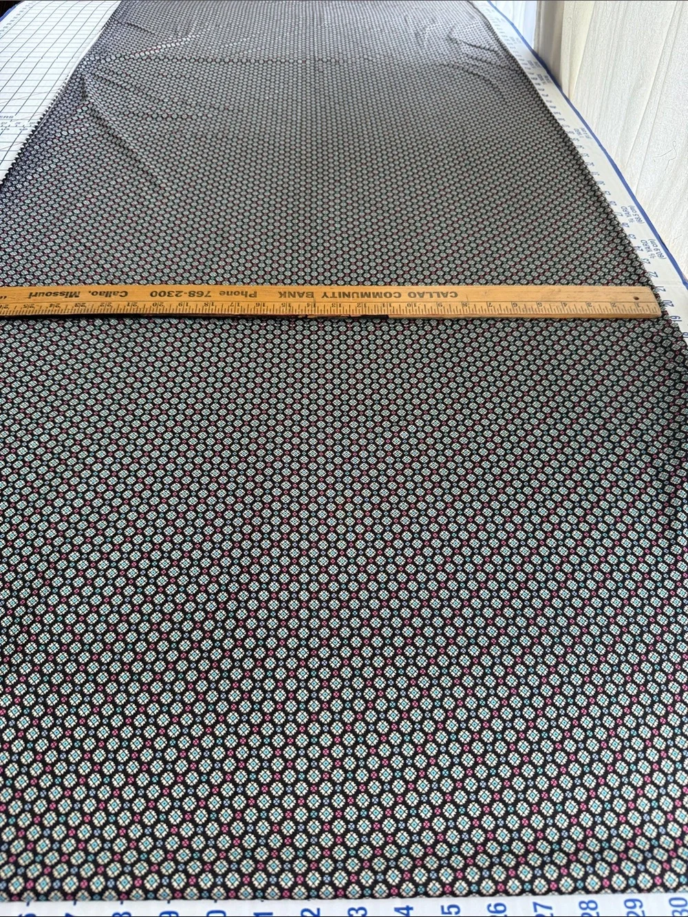 Vintage 70s 80s Geometric Polyester Knit Fabric Black Turquoise 2.5 Yards
